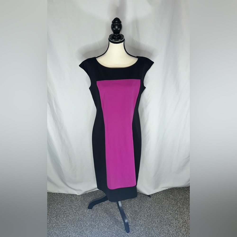 LAFAYETTE 148 Black Pink Sheath Dress Sz 12 Sleeveless Slimming Flattering